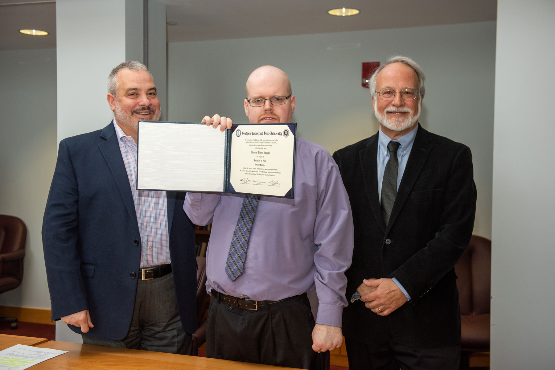 First graduate of 2020 Charles Vaughn with SCSU President Joe Bertolino and Provost Robert Prezant