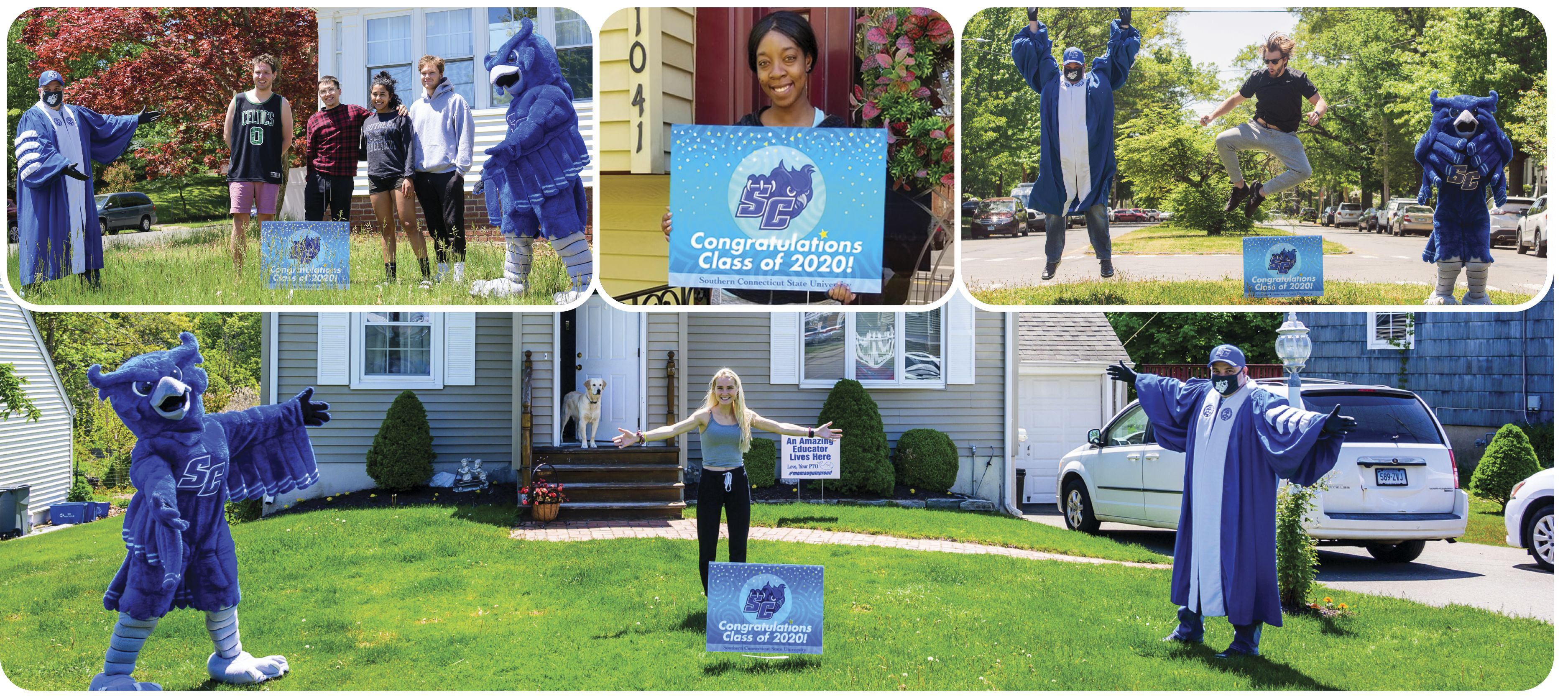 SCSU President Joe Bertolino and volunteers deliver lawn signs to 2020 future graduates