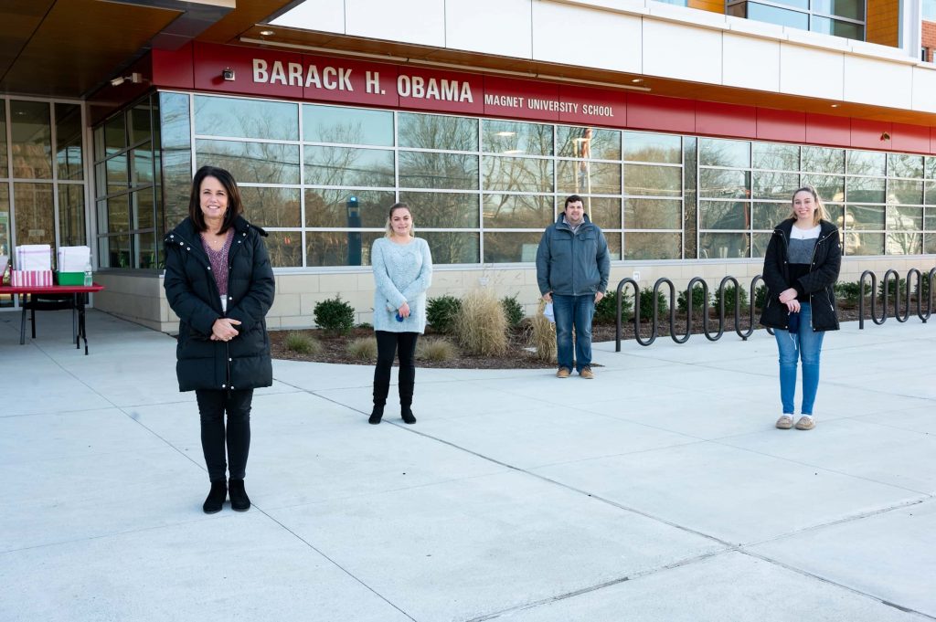 Susan DeNicola, Principal of The Obama School; Peyton Northrop '20, teacher at Obama School; Justin Pelazza, SCSU graduate student, elementary education; and Haley Dattilo, current SCSU undergraduate 