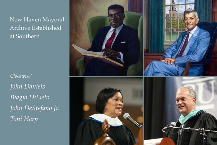 home-top-mayoral-archive Portraits of former New Haven mayors (clockwise from top left) John Daniels, Biagio DiLieto, John DeStefano, and Toni Harp