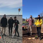 Derek Faulkner with Brooke Mercaldi and Lauren Brideau collecting elevation data at Hammonasset State beach (left) and (right) with Bria Anderson in the campus community garden