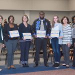 Three Top Owl Awards recipients with presenters and Vice President of Student Involvement Tracy Tyree, November 2017