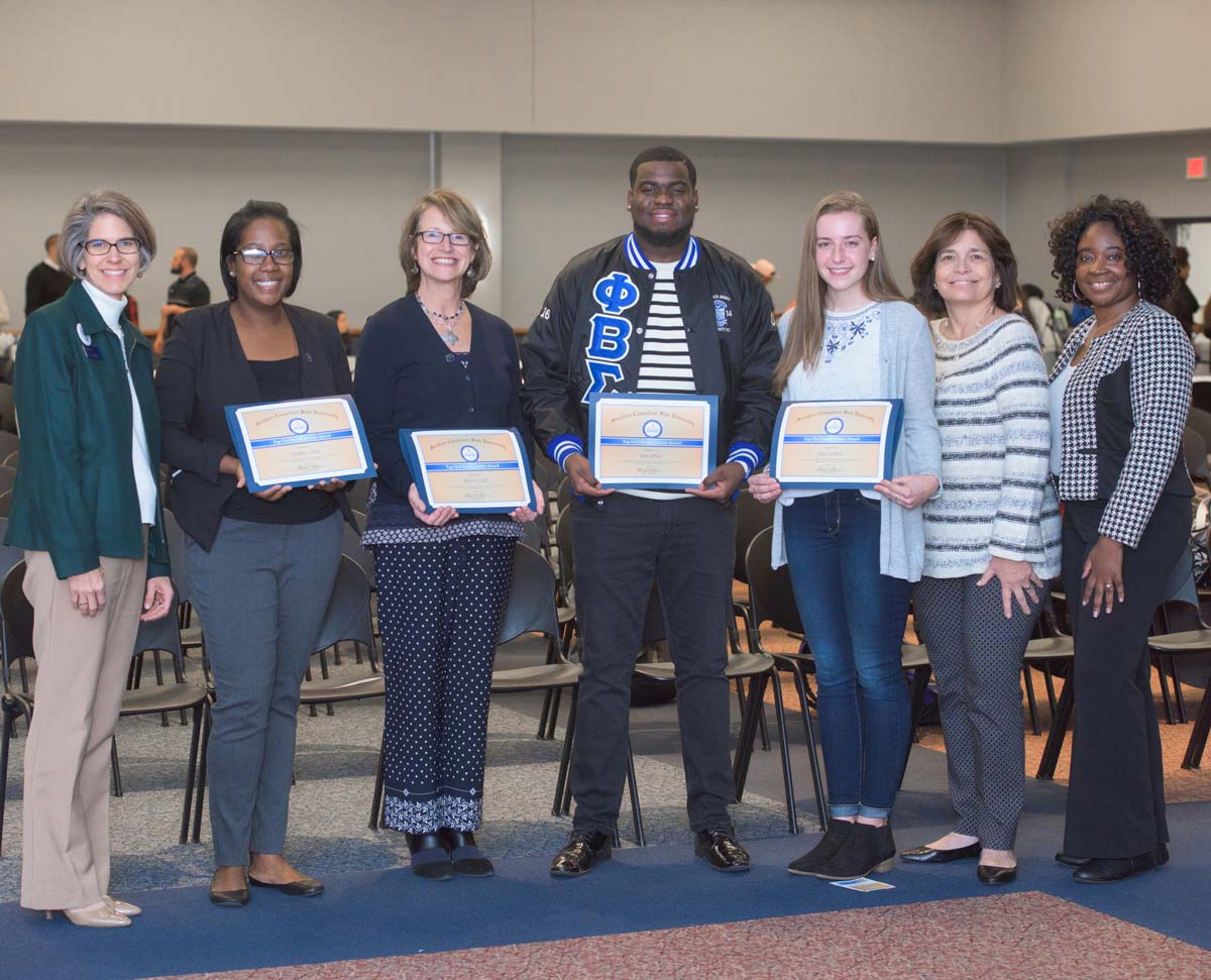 Three Top Owl Awards recipients with presenters and Vice President of Student Involvement Tracy Tyree, November 2017