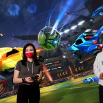 Students Alexandra Cervone and Miles Bagoly play the game Rocket League.