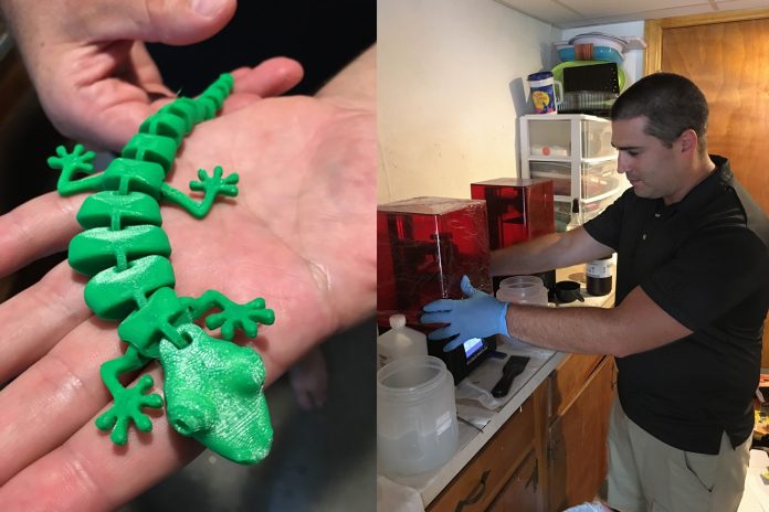 on left: a green plastic lizard held by Devin; right: Devin at work in his business
