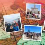 Study abroad photos on a map background