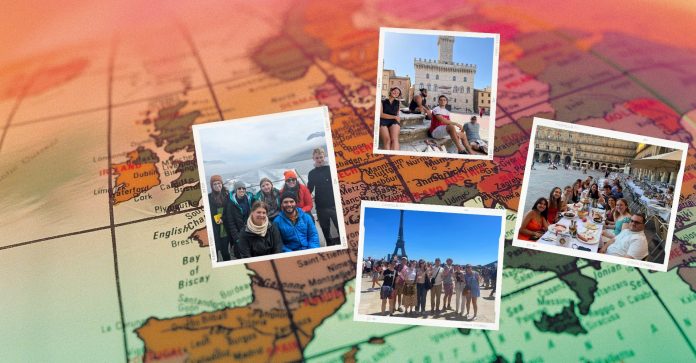 Study abroad photos on a map background
