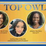 A graphic with the words TOP OWLS - MARCH 2023, showing head shots of the four awardees: Daphney Alston, graduate student; Katalina Colon, undergraduate student; Anuli Njoku, faculty; and Kim Wilk, staff