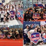 Groups photos of the men's and women's swimming and diving and track and field teams following their respective wins at the Northeast-10 championships
