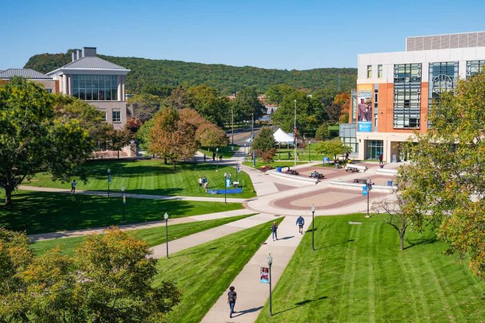 a view of the academic quad, with Buley Library on the right and the Adanti Student Center on the left