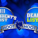 Graphic with two circular badges on a blue bokeh background. The left badge reads “2025 President’s List” in bold silver letters. The right badge reads “Dean’s List 2025” with “Dean’s” in silver and “List” in lime green. In between the badges is a stylized blue owl logo with a silver ribbon beneath that says “HOOT HOOT.”