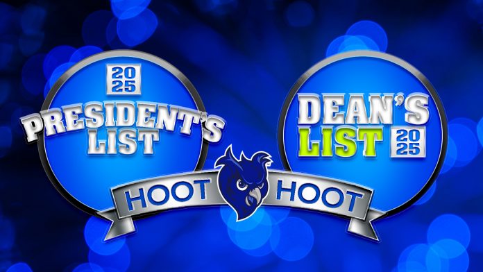Graphic with two circular badges on a blue bokeh background. The left badge reads “2025 President’s List” in bold silver letters. The right badge reads “Dean’s List 2025” with “Dean’s” in silver and “List” in lime green. In between the badges is a stylized blue owl logo with a silver ribbon beneath that says “HOOT HOOT.”
