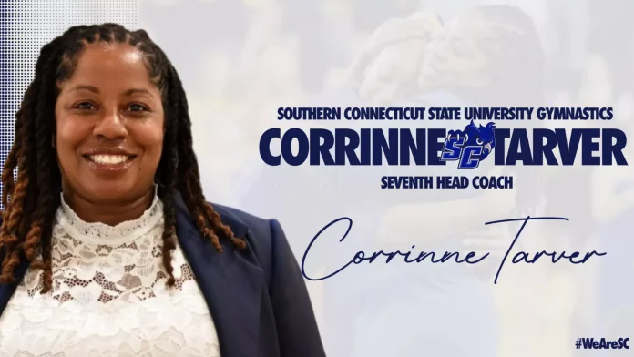 Alt text: Portrait of Corrinne Tarver, newly named head coach of Southern Connecticut State University Gymnastics. She is smiling and wearing a navy blazer over a white lace top. Text on the image reads: 