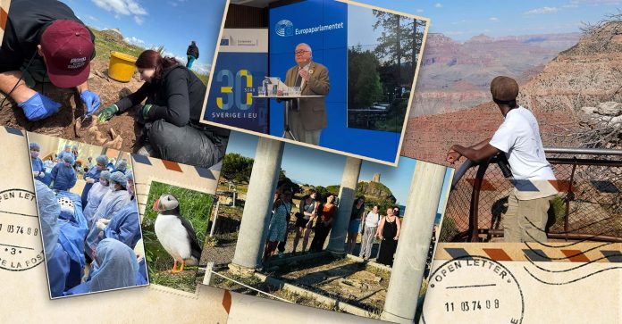 a collage of images depicting SCSU faculty and students at various locations during their summer activities
