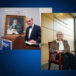 A photo collage showing two separate campus dedication ceremonies at Southern Connecticut State University. On the left, Neil Thomas Proto stands at a podium with the university logo, speaking in front of a portrait of himself and signage reading “Neil Thomas Proto Reading Room.” On the right, Dr. Rita Landino, wearing a leopard-print jacket and corsage, is seated smiling beneath wall text that reads “Rita Landino Rotunda.” Both are honored alumni whose names have been commemorated on campus.