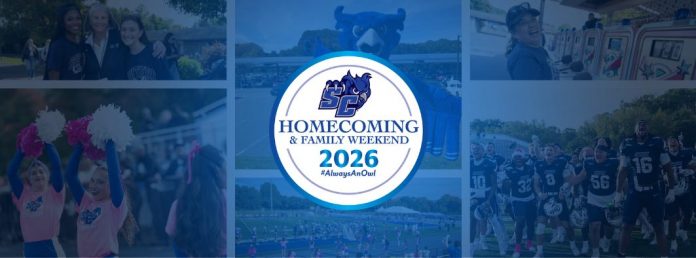 Collage of Southern Connecticut State University students, alumni, families, cheerleaders, mascot and football players celebrating Homecoming & Family Weekend 2026, with the event logo centered.